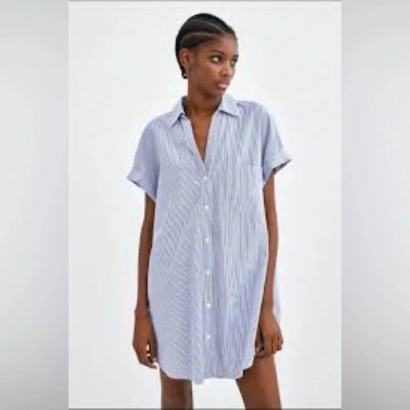 ZARA Shirt Dress Mini beach Striped Button Down 
Coastal resort wear Nautical L - Picture 1 of 7